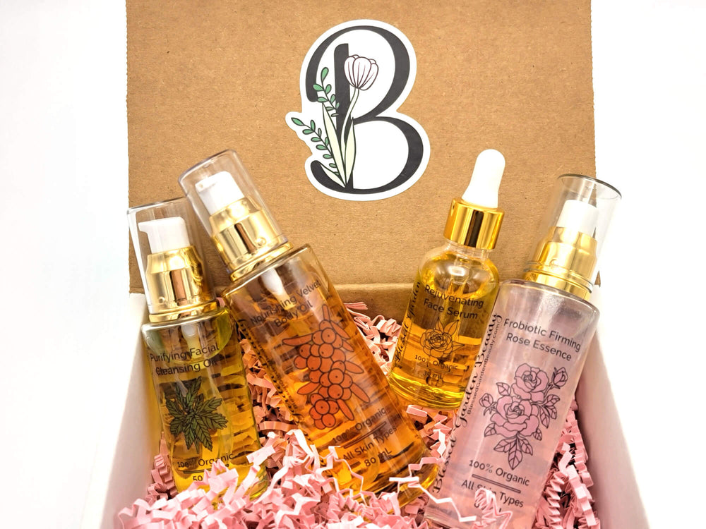 Gift Set with Face Oil, Body Oil, Cleansing Oil & Rose (or Lavender) Essence